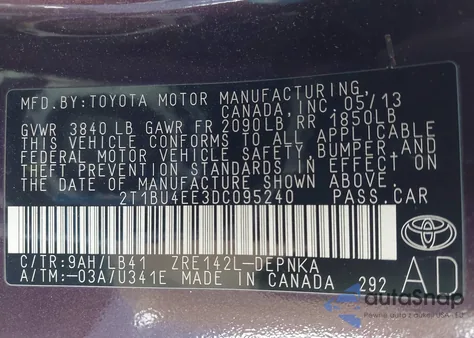 2013 Toyota Corolla Le Special Edition z USA, uszkodzony, nr VIN 2T1BU4EE3DC095240